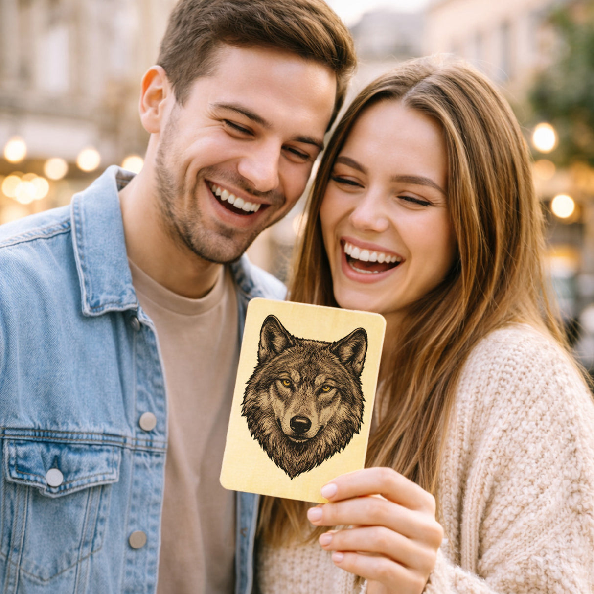 Grauer Wolf Postkarte aus Holz für Naturliebhaber