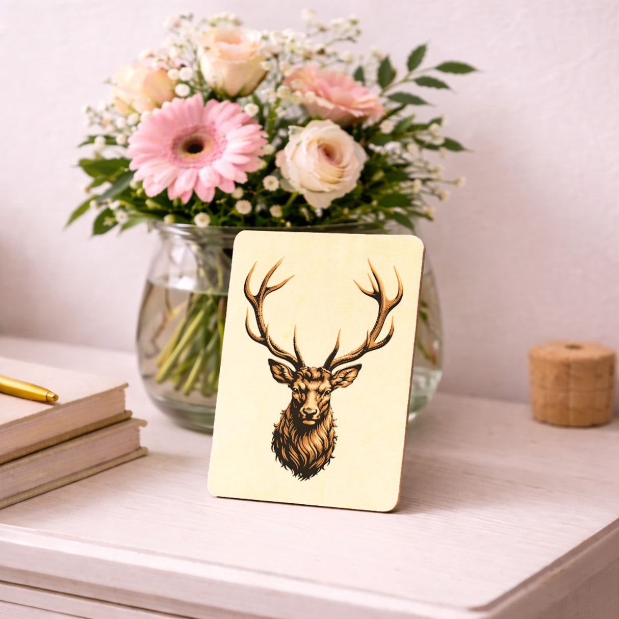 Hirsch mit prächtigem Geweih Postkarte aus Holz für Naturfans