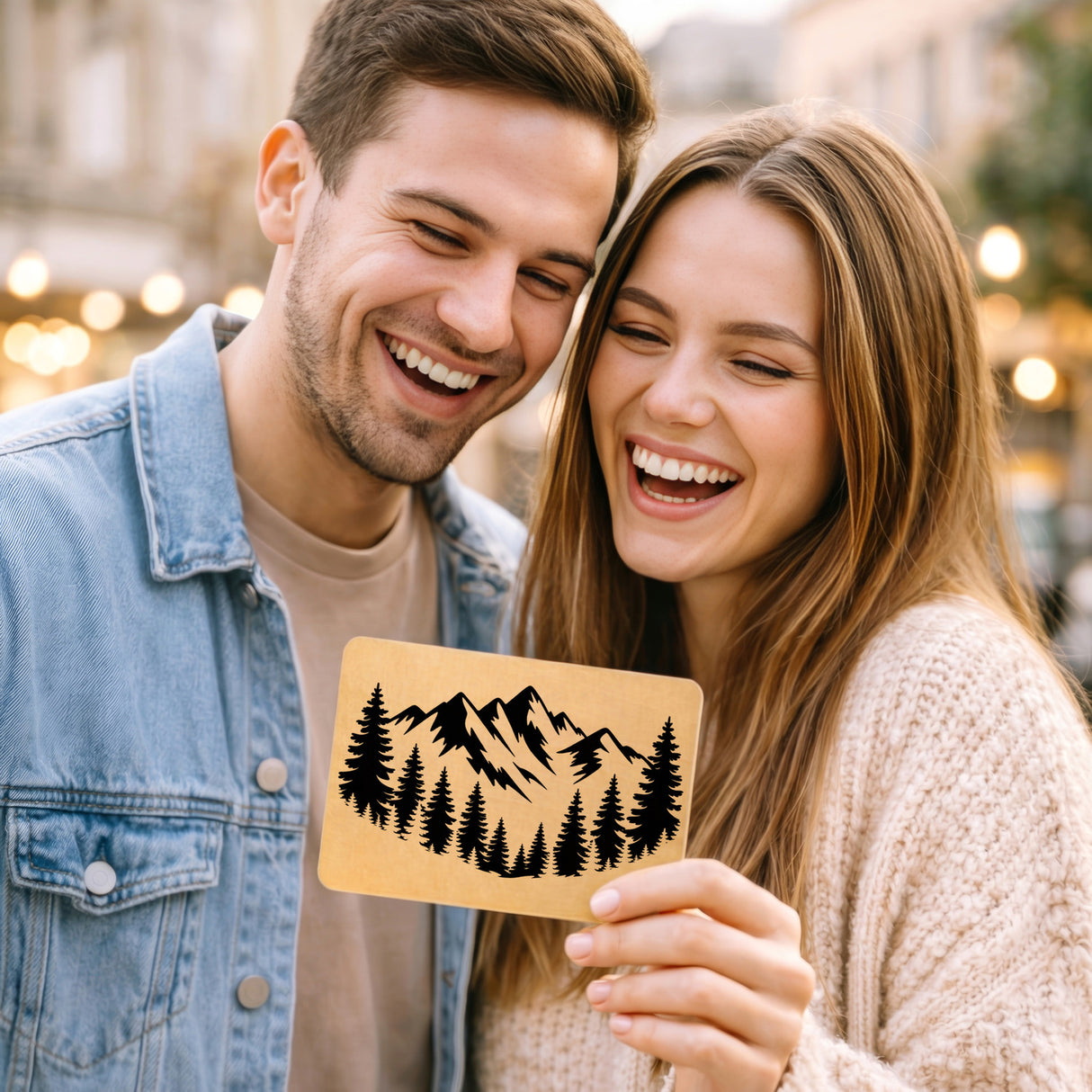Berge und Wald Postkarte aus Holz für Naturfreunde