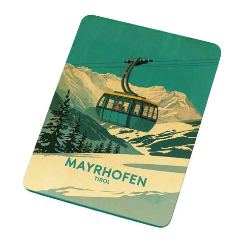Mayrhofen Tirol Postkarte aus Holz mit blau-gelber Seilbahn
