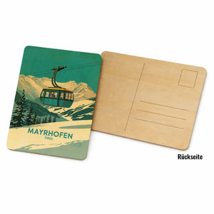 Mayrhofen Tirol Postkarte aus Holz mit blau-gelber Seilbahn