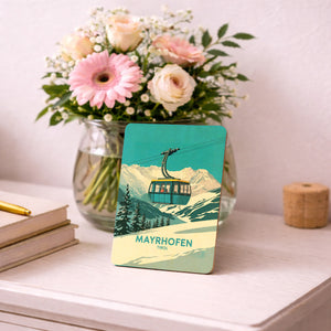 Mayrhofen Tirol Postkarte aus Holz mit blau-gelber Seilbahn