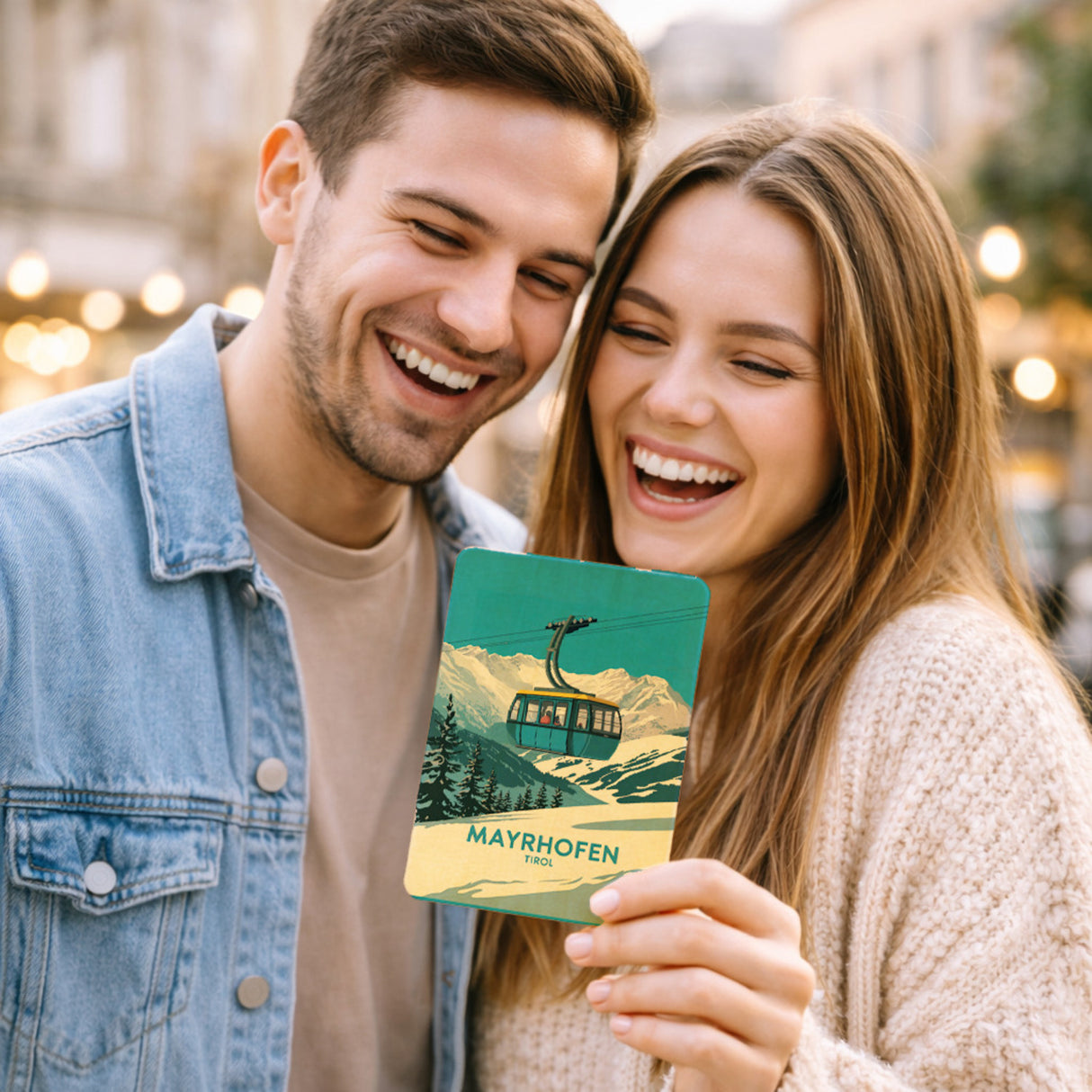 Mayrhofen Tirol Postkarte aus Holz mit blau-gelber Seilbahn
