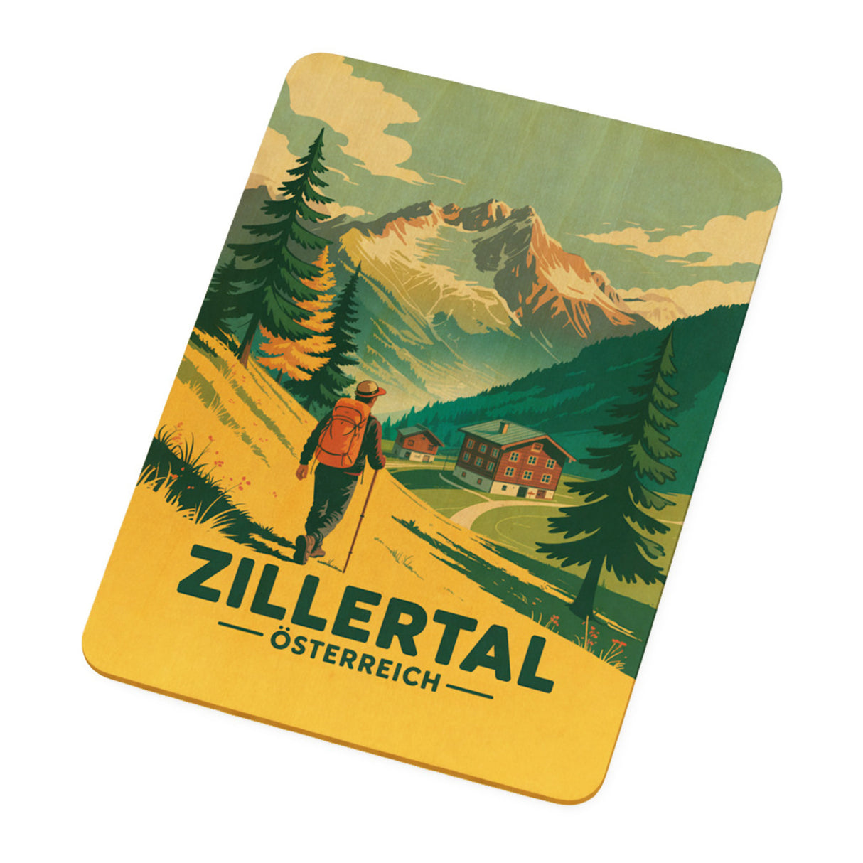 Vintage Zillertal Postkarte aus Holz mit Wanderer