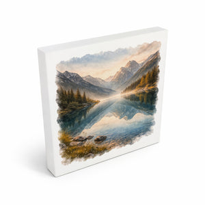 Licht der Berge Bergsee Holzbild in 10x10 cm zum Stellen oder Aufhängen