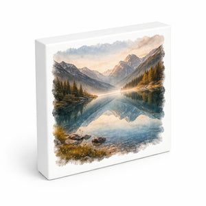 Licht der Berge Bergsee Holzbild in 10x10 cm zum Stellen oder Aufhängen
