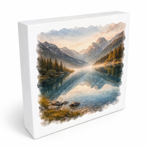 Licht der Berge Bergsee Holzbild in 10x10 cm zum Stellen oder Aufhängen