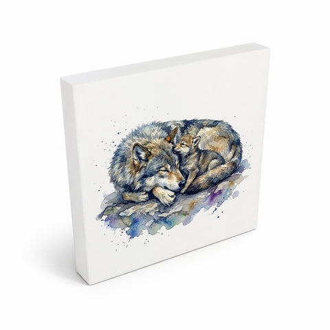 Wolfsrudel Wolf mit Welpe Holzbild in 10x10 cm zum Stellen oder Aufhängen