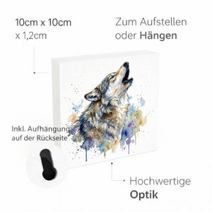 Wolfsrudel Heulender Wolf Holzbild in 10x10 cm zum Stellen oder Aufhängen