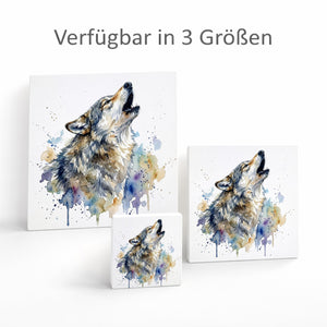 Wolfsrudel Heulender Wolf Holzbild in 10x10 cm zum Stellen oder Aufhängen