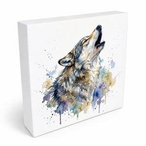 Wolfsrudel Heulender Wolf Holzbild in 10x10 cm zum Stellen oder Aufhängen