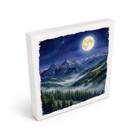 Bergidylle Berglandschaft bei Nacht Holzbild in 10x10 cm zum Stellen oder Aufhängen