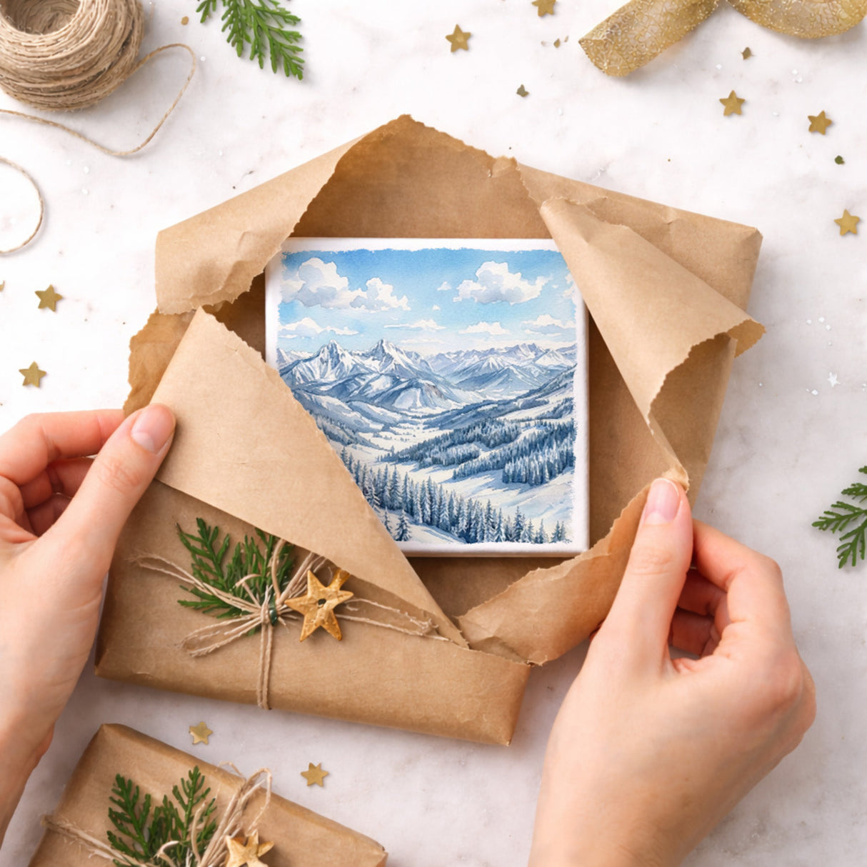 Bergidylle Berglandschaft im Winter Holzbild in 10x10 cm zum Stellen oder Aufhängen