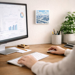 Bergidylle Berglandschaft im Winter Holzbild in 10x10 cm zum Stellen oder Aufhängen