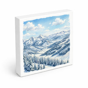 Bergidylle Berglandschaft im Winter Holzbild in 10x10 cm zum Stellen oder Aufhängen
