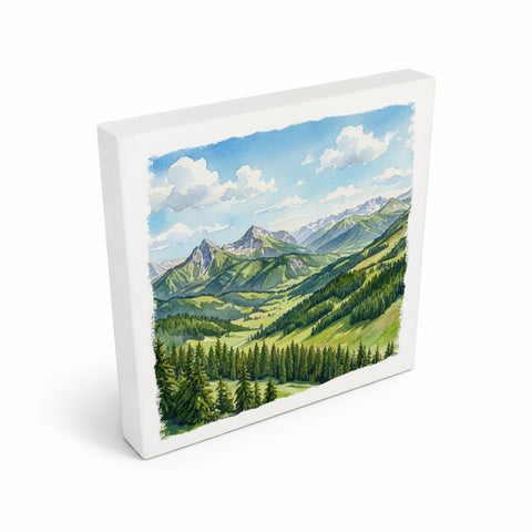 Bergidylle Berglandschaft bei Tag Holzbild in 10x10 cm zum Stellen oder Aufhängen