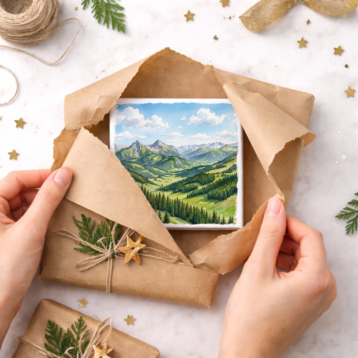 Bergidylle Berglandschaft bei Tag Holzbild in 10x10 cm zum Stellen oder Aufhängen