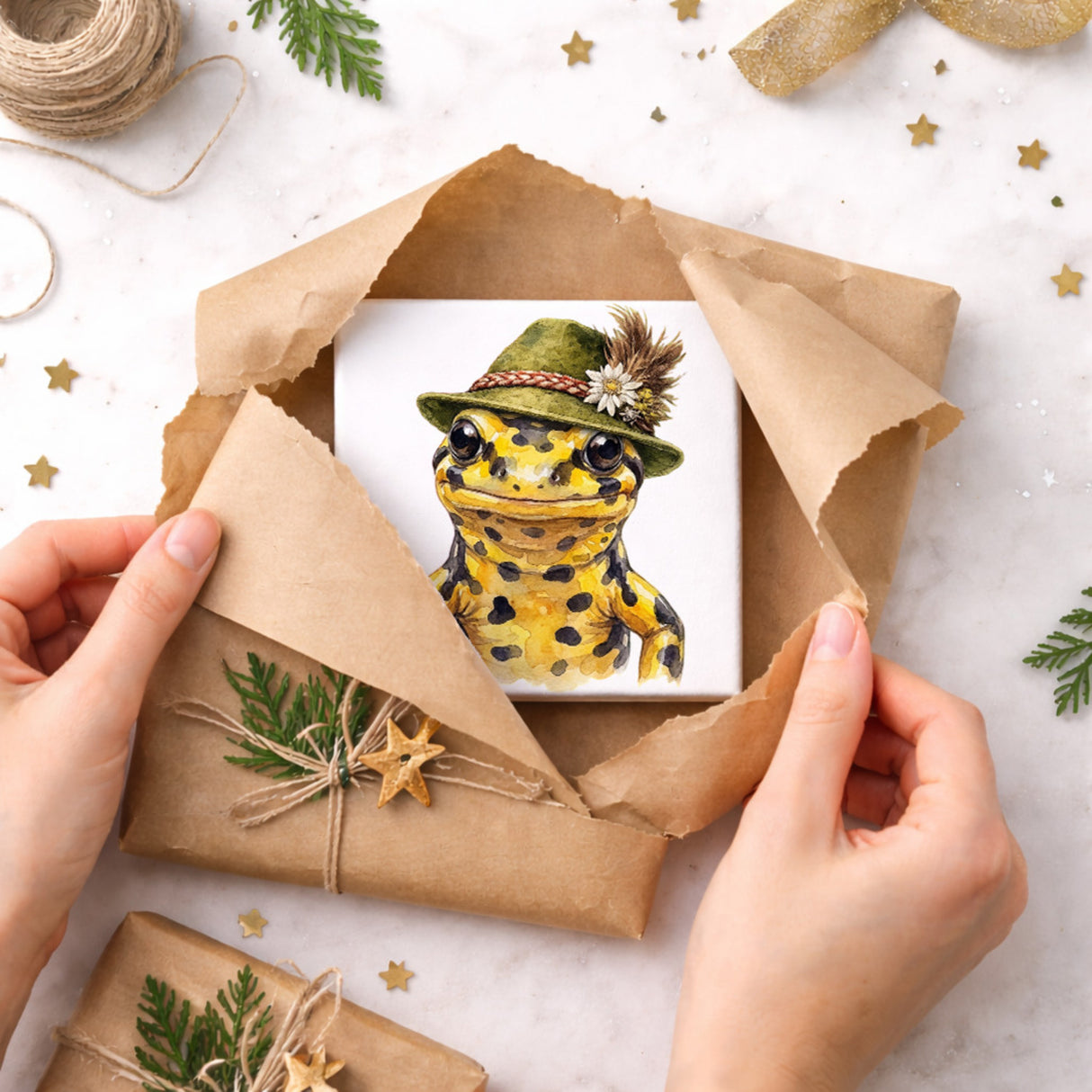 Trachtenhut Amphibien-Tiere Feuersalamander Holzbild in 10x10 cm zum Stellen oder Aufhängen