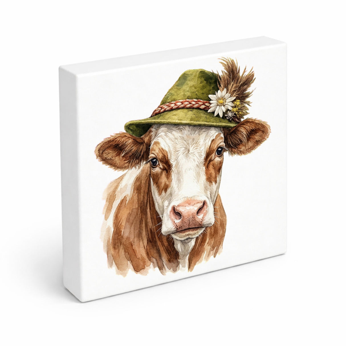 Trachtenhut Alm-Tiere Kuh Holzbild in 10x10 cm zum Stellen oder Aufhängen