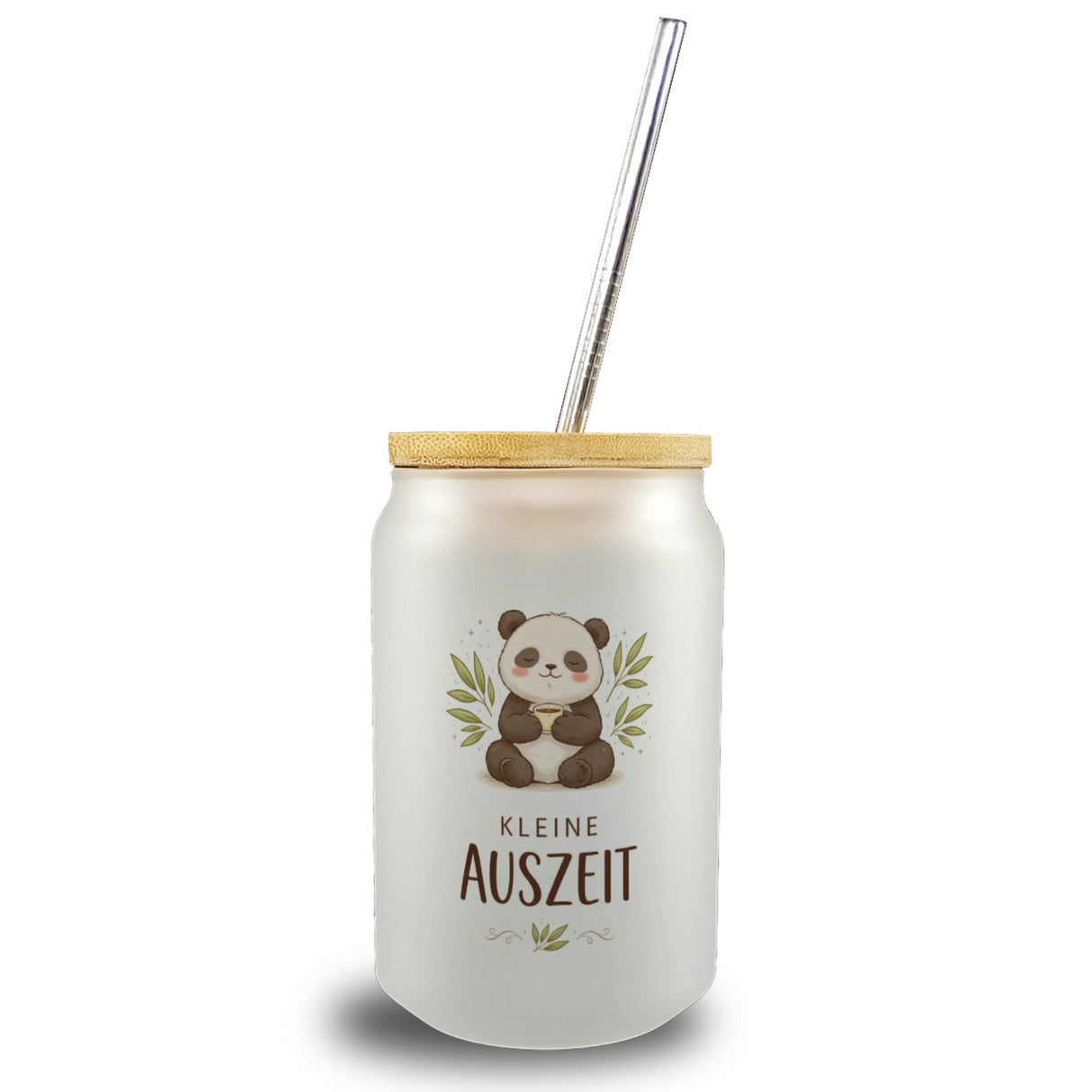 Panda mit Bambusblätter Kleine Auszeit Trinkglas mit Bambusdeckel für Pandafans