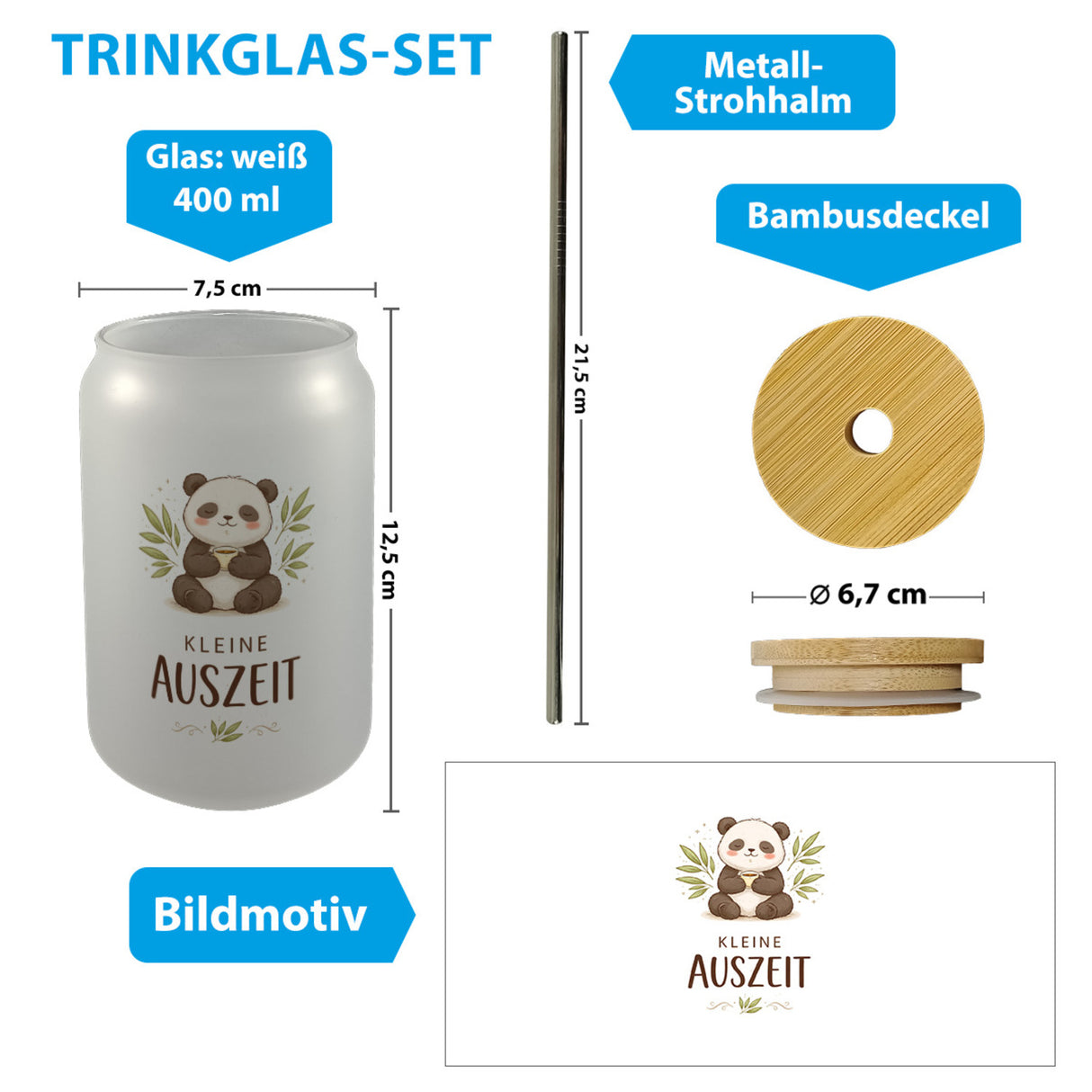 Panda mit Bambusblätter Kleine Auszeit Trinkglas mit Bambusdeckel für Pandafans