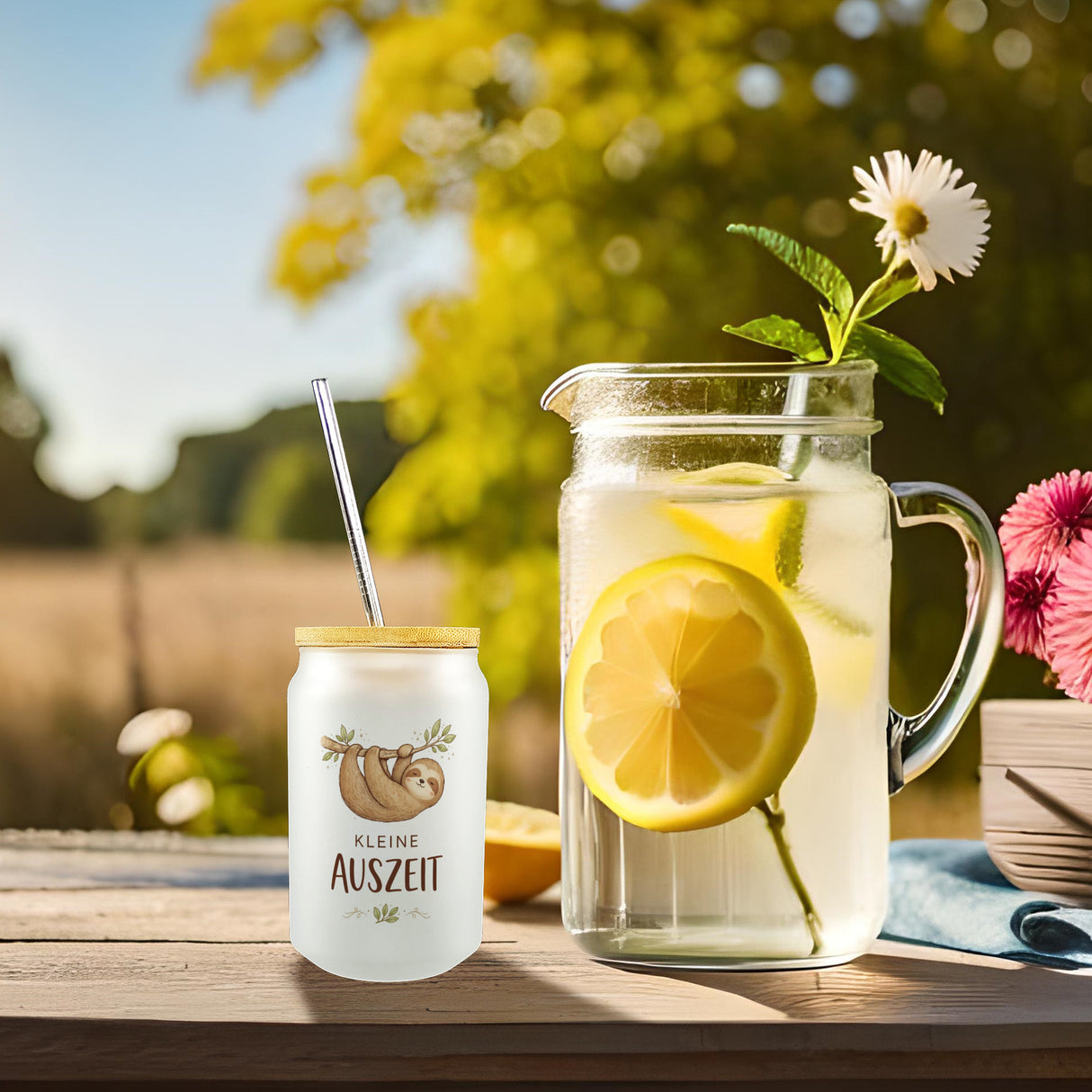 Faultier an Ast kleine Auszeit Trinkglas mit Bambusdeckel