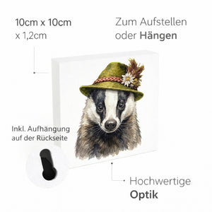Trachtenhut Wald-Tiere Dachs Holzbild in 10x10 cm zum Stellen oder Aufhängen