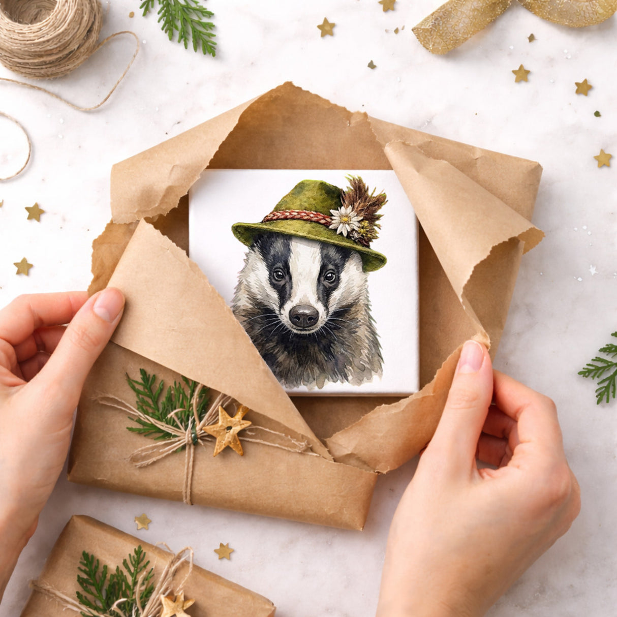 Trachtenhut Wald-Tiere Dachs Holzbild in 10x10 cm zum Stellen oder Aufhängen