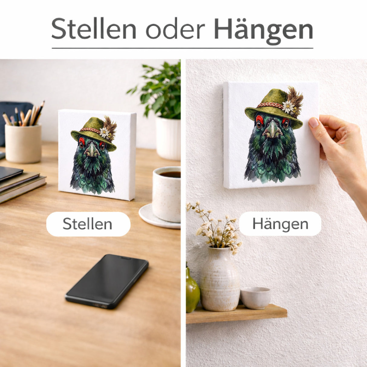 Trachtenhut Feder-Tiere Auerhahn Holzbild in 10x10 cm zum Stellen oder Aufhängen