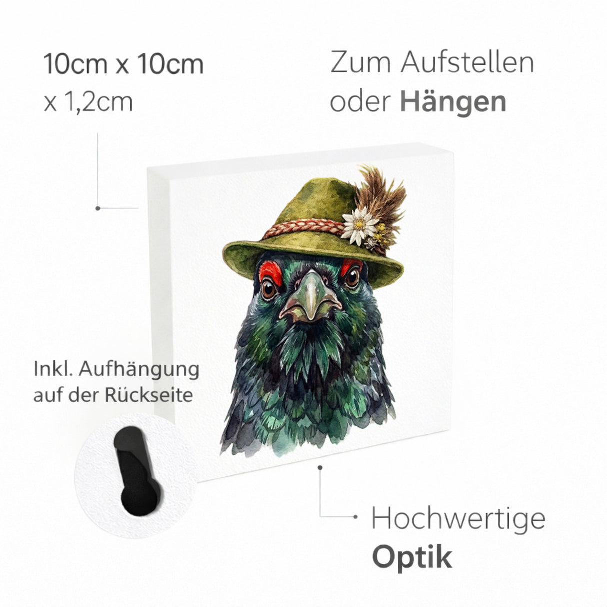 Trachtenhut Feder-Tiere Auerhahn Holzbild in 10x10 cm zum Stellen oder Aufhängen