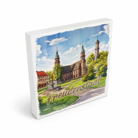 Freudenstadt Kirche Aquarell Holzbild in 10x10 cm zum Stellen oder Aufhängen für Kunstliebhaber