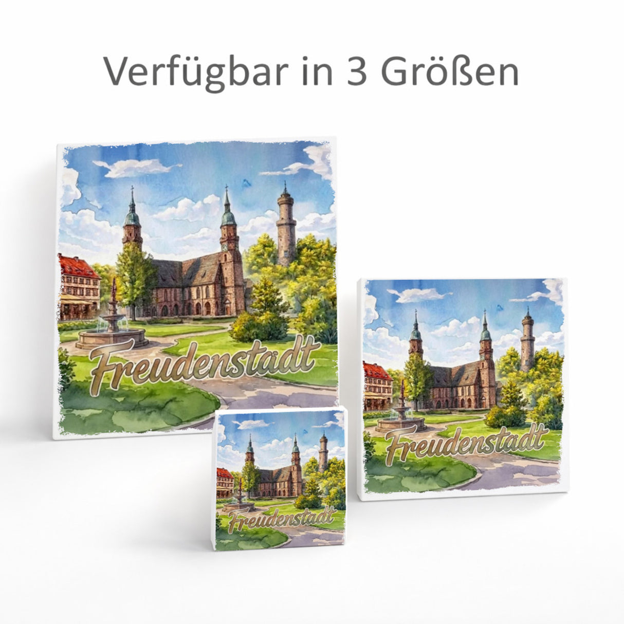 Freudenstadt Kirche Aquarell Holzbild in 10x10 cm zum Stellen oder Aufhängen für Kunstliebhaber