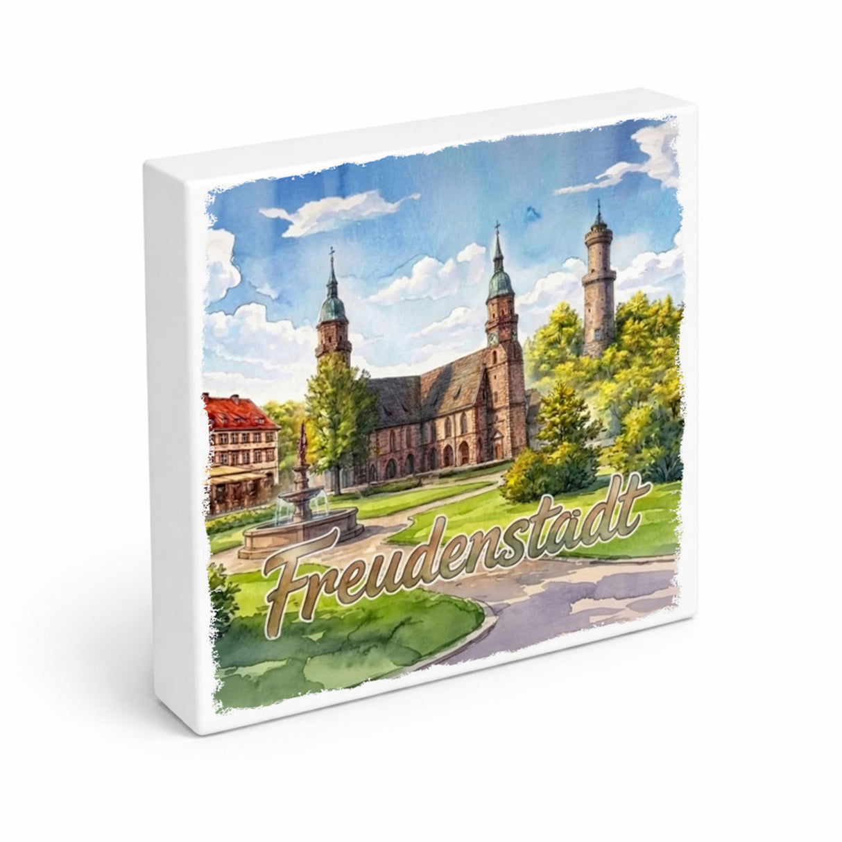 Freudenstadt Kirche Aquarell Holzbild in 10x10 cm zum Stellen oder Aufhängen für Kunstliebhaber