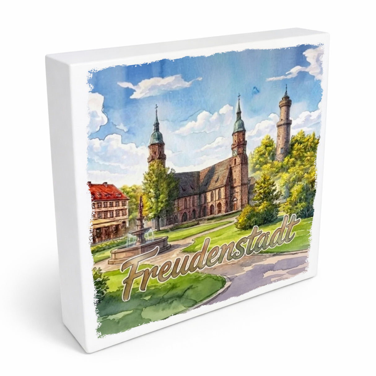 Freudenstadt Kirche Aquarell Holzbild in 10x10 cm zum Stellen oder Aufhängen für Kunstliebhaber