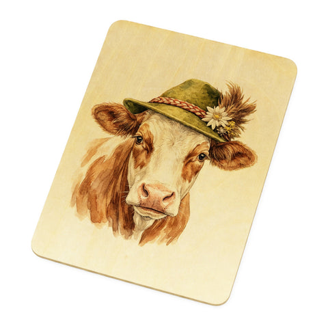 Kuh mit alpenländischem Trachtenhut Postkarte aus Holz