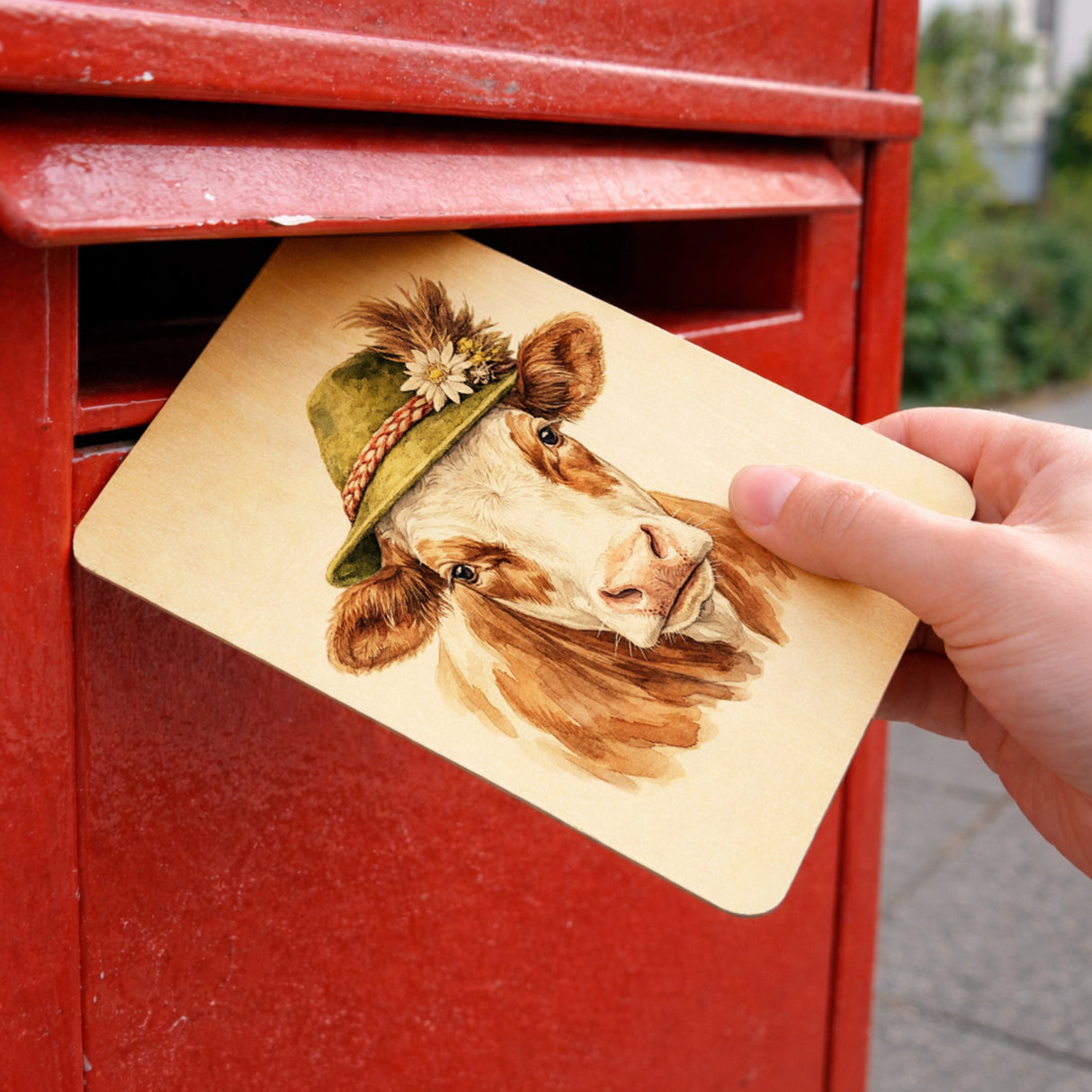 Kuh mit alpenländischem Trachtenhut Postkarte aus Holz