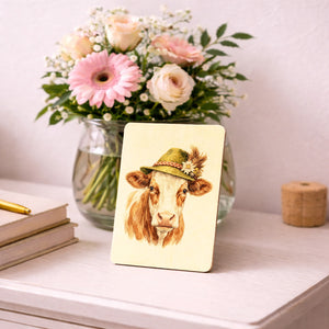 Kuh mit alpenländischem Trachtenhut Postkarte aus Holz