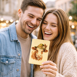 Kuh mit alpenländischem Trachtenhut Postkarte aus Holz