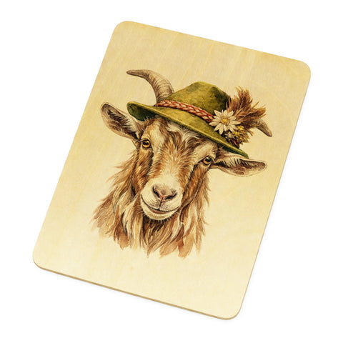 Ziege mit alpenländischem Trachtenhut Postkarte aus Holz