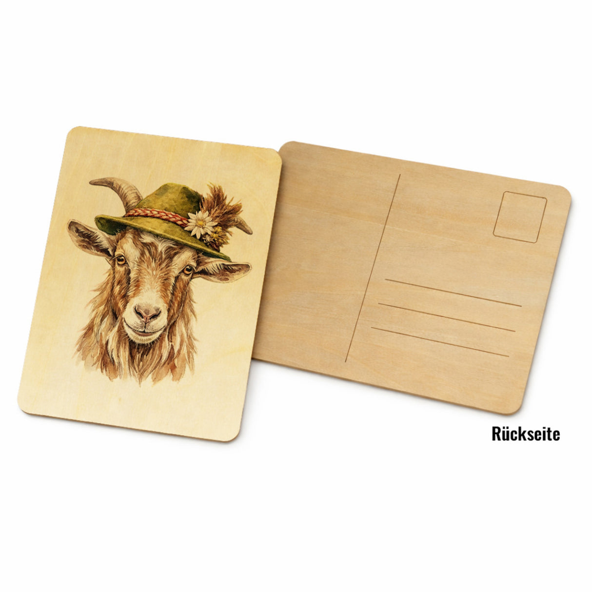 Ziege mit alpenländischem Trachtenhut Postkarte aus Holz