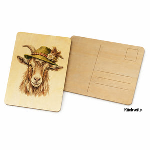 Ziege mit alpenländischem Trachtenhut Postkarte aus Holz