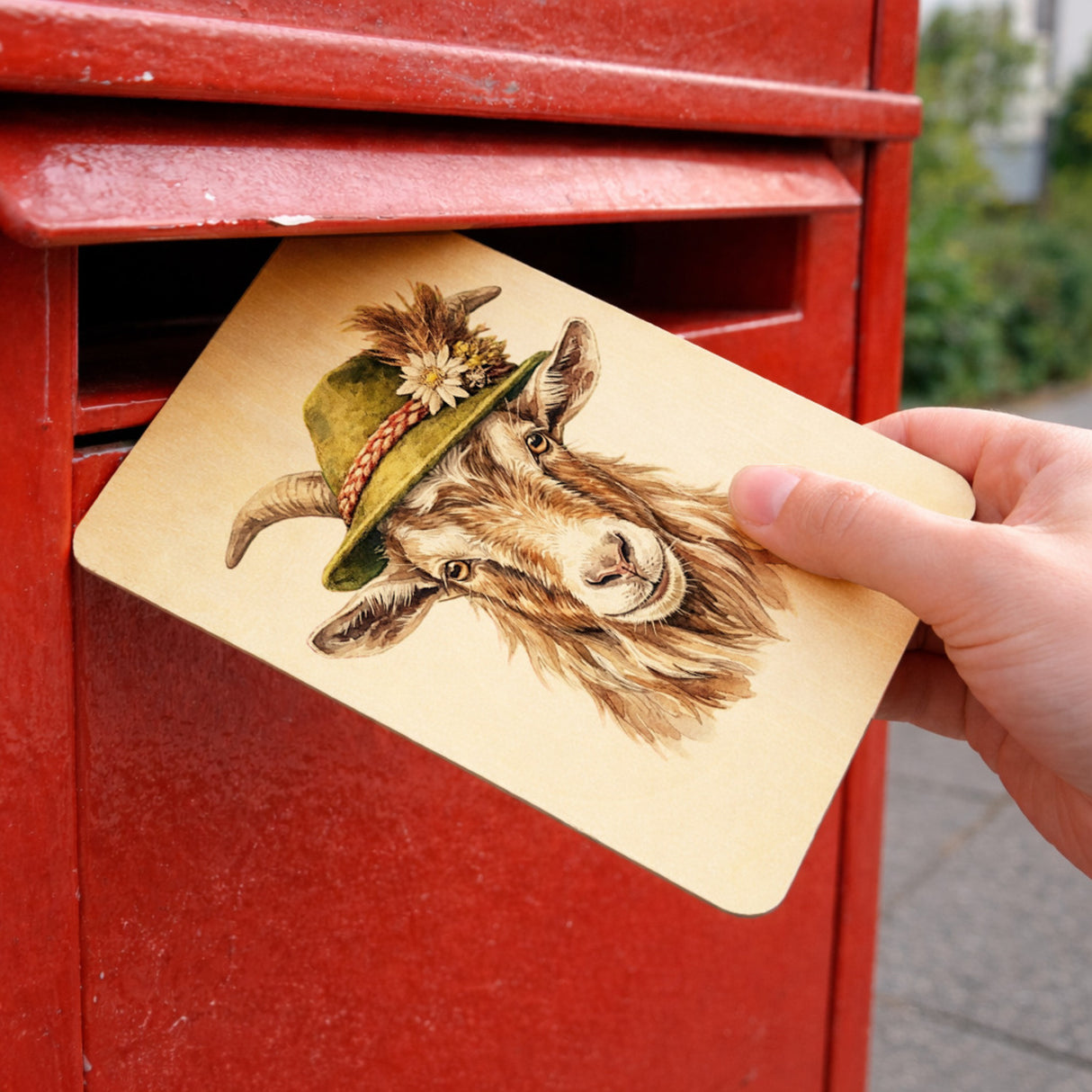 Ziege mit alpenländischem Trachtenhut Postkarte aus Holz