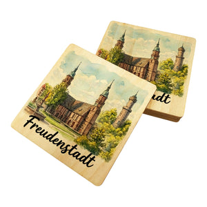 Freudenstadt Kirche 6er Set Untersetzer aus Holz Aquarell mit Schriftzug