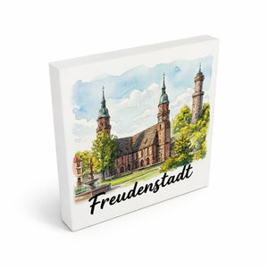 Freudenstadt Kirche Holzbild in 10x10 cm zum Stellen oder Aufhängen Aquarell mit Schriftzug