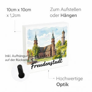 Freudenstadt Kirche Holzbild in 10x10 cm zum Stellen oder Aufhängen Aquarell mit Schriftzug