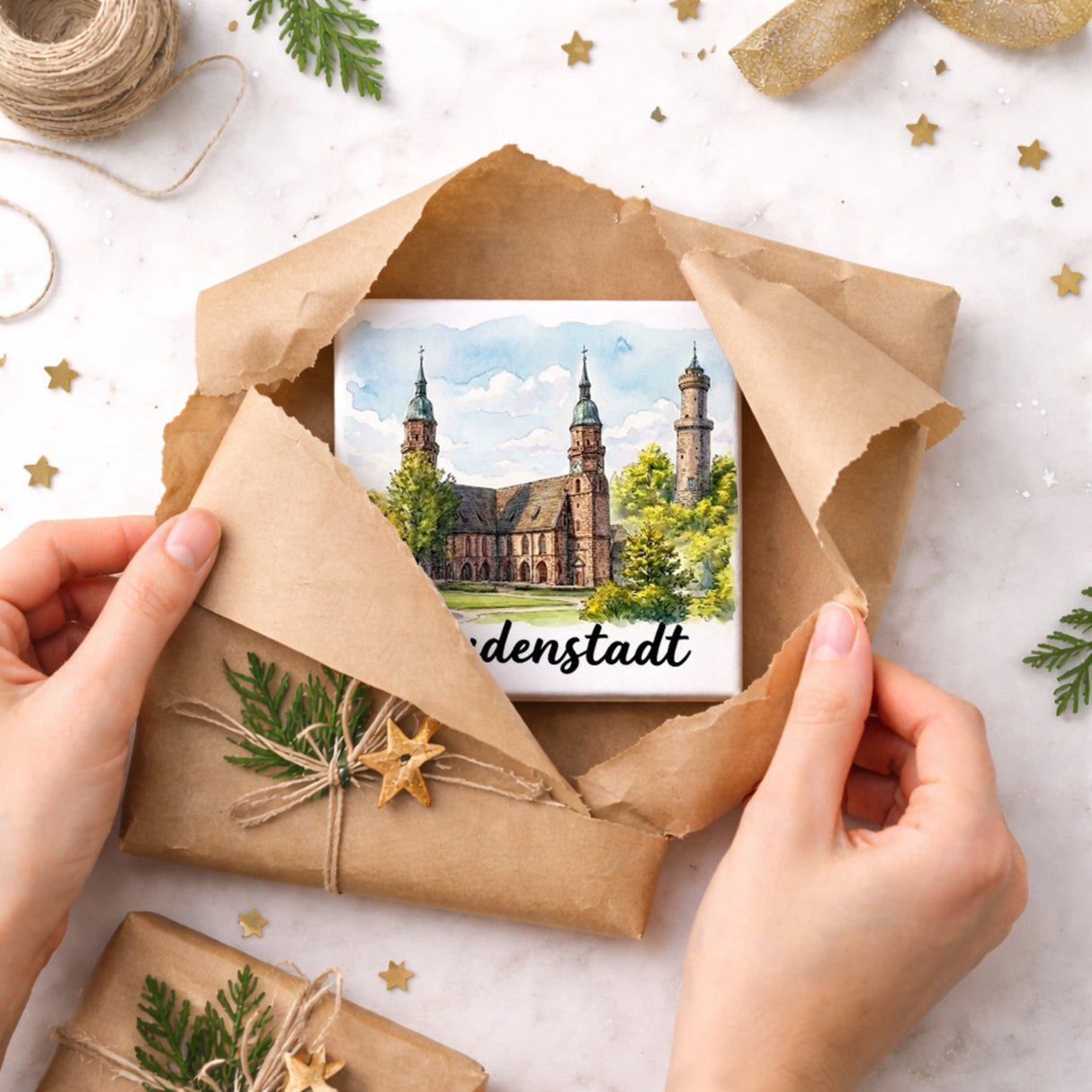 Freudenstadt Kirche Holzbild in 10x10 cm zum Stellen oder Aufhängen Aquarell mit Schriftzug