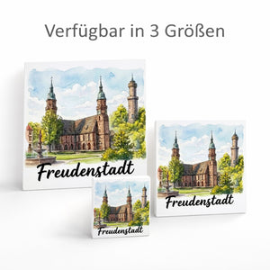 Freudenstadt Kirche Holzbild in 10x10 cm zum Stellen oder Aufhängen Aquarell mit Schriftzug
