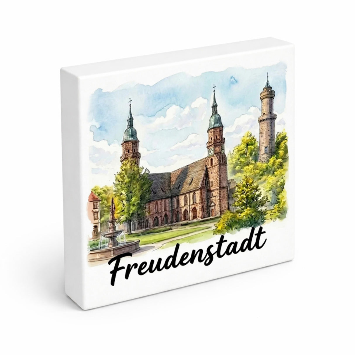 Freudenstadt Kirche Holzbild in 10x10 cm zum Stellen oder Aufhängen Aquarell mit Schriftzug