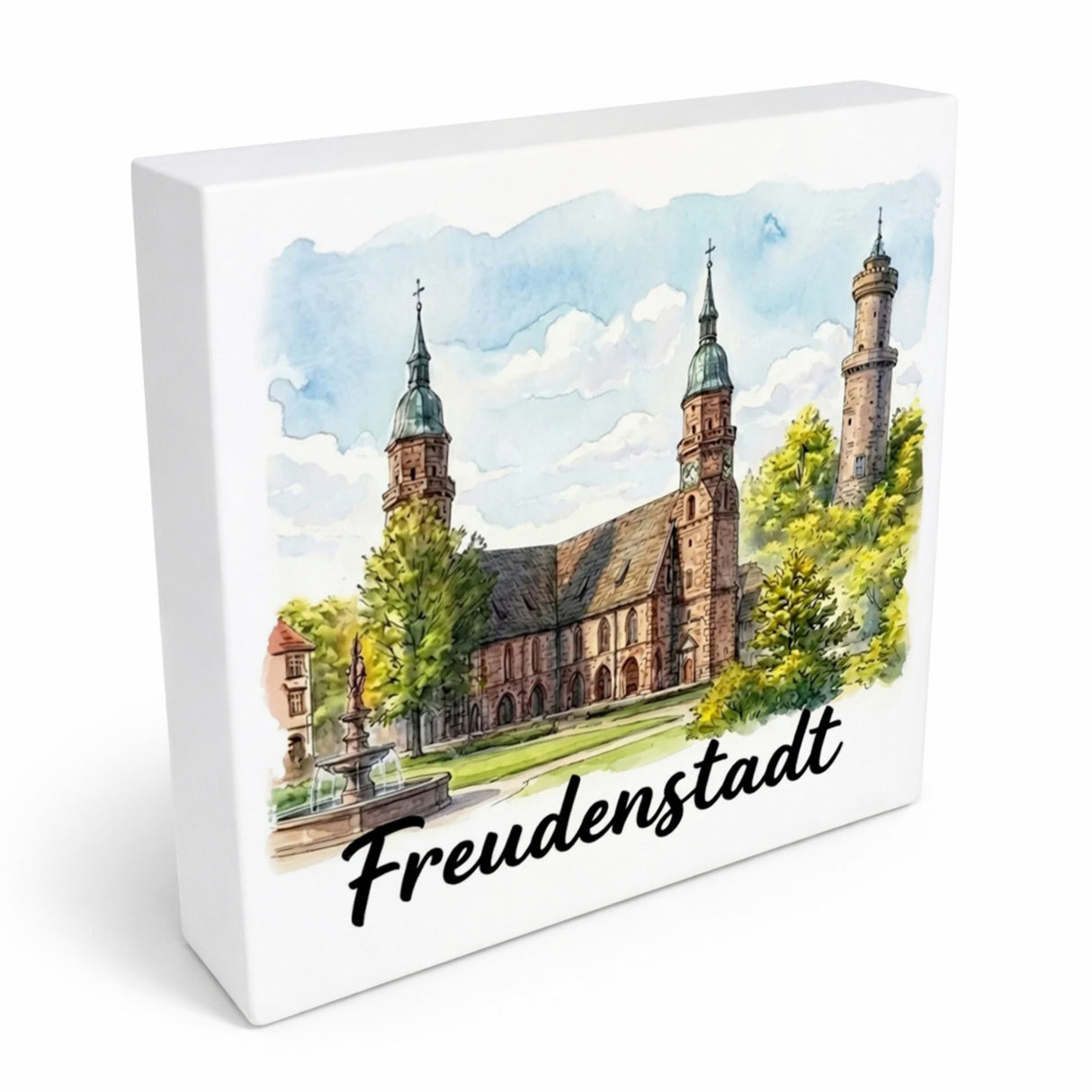 Freudenstadt Kirche Holzbild in 10x10 cm zum Stellen oder Aufhängen Aquarell mit Schriftzug