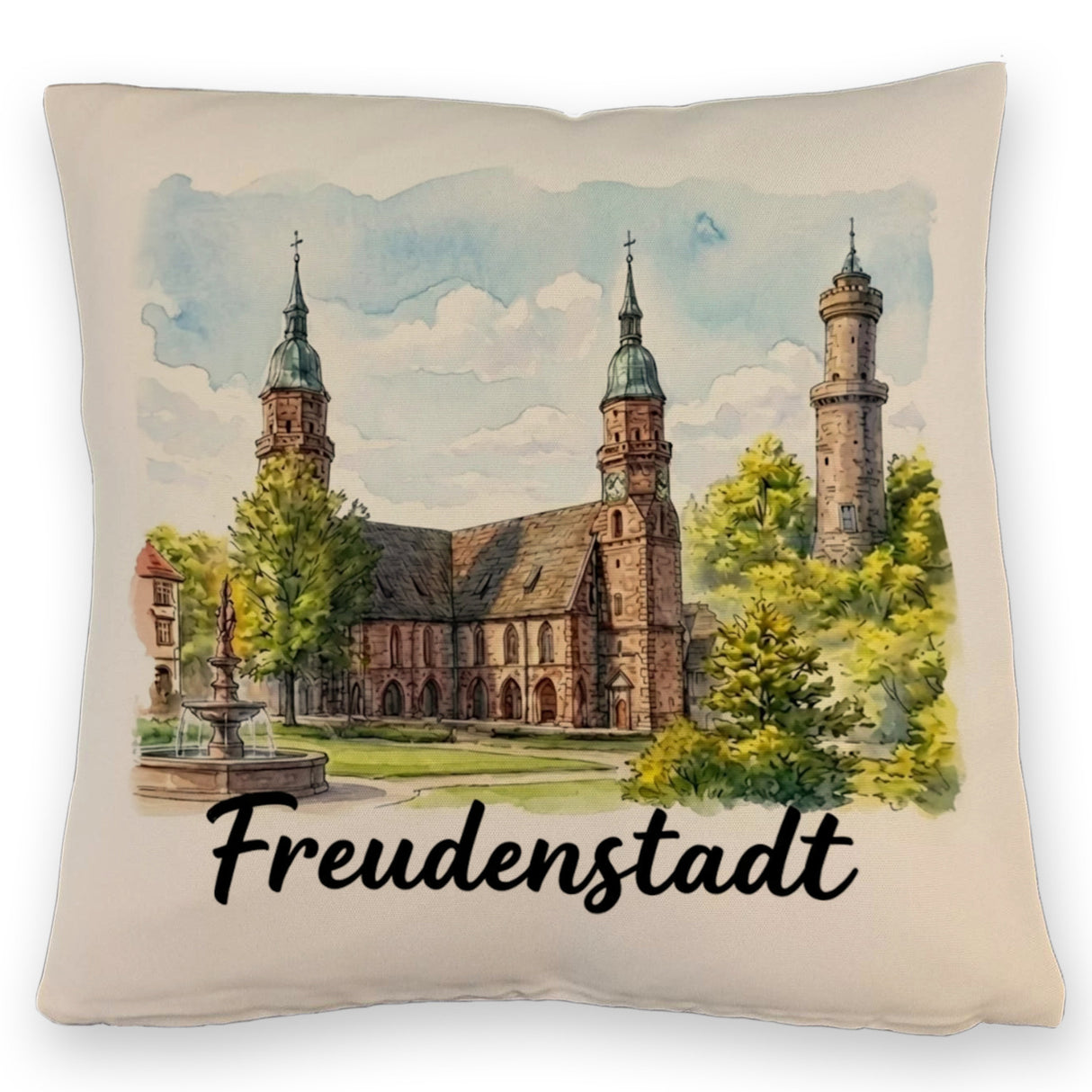 Freudenstadt Kirche Kissen Aquarell mit Schriftzug